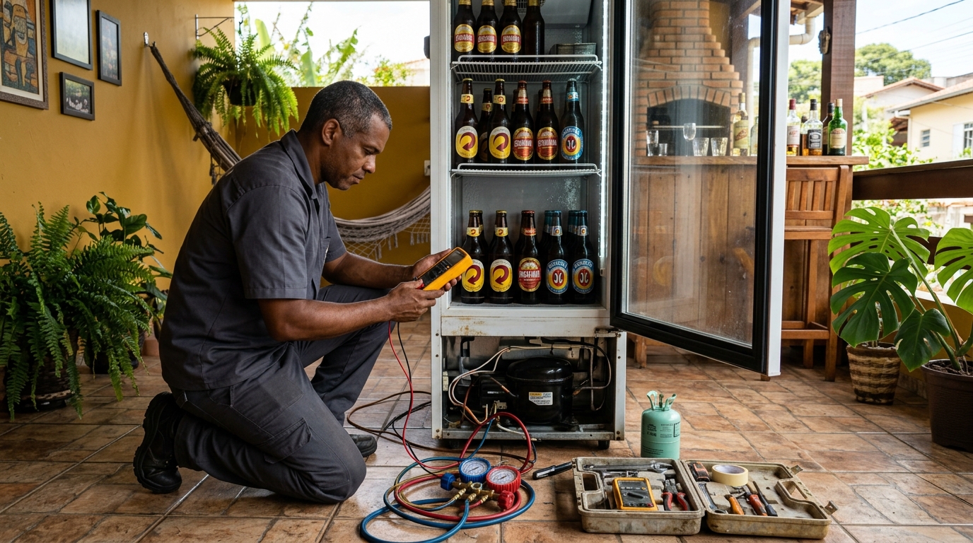 Placa eletrônica de cervejeira em reparo na bancada em Uberaba‑MG