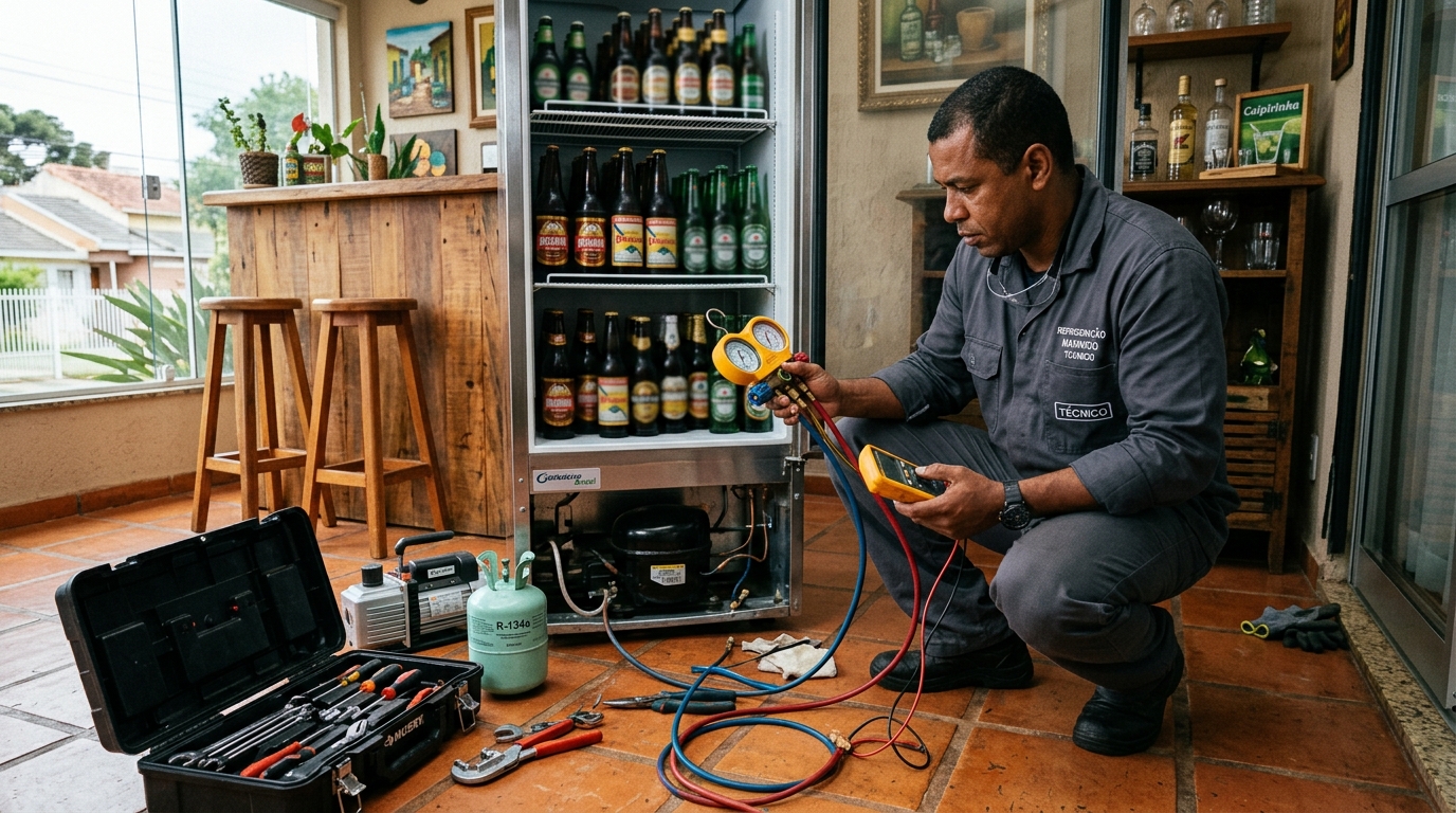 Técnico revisando o motor de uma cervejeira durante chamado em Uberaba‑MG