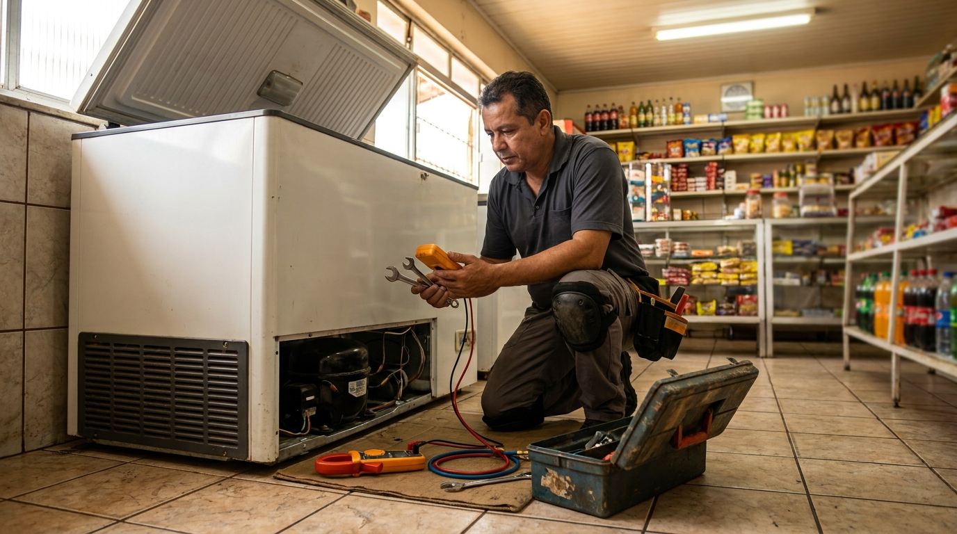 Técnico reparando o motor de um freezer horizontal em Uberaba‑MG