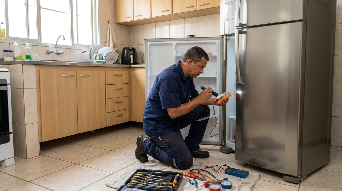 Técnico fazendo recarga de gás em geladeira de cliente no Leblon, Uberaba‑MG