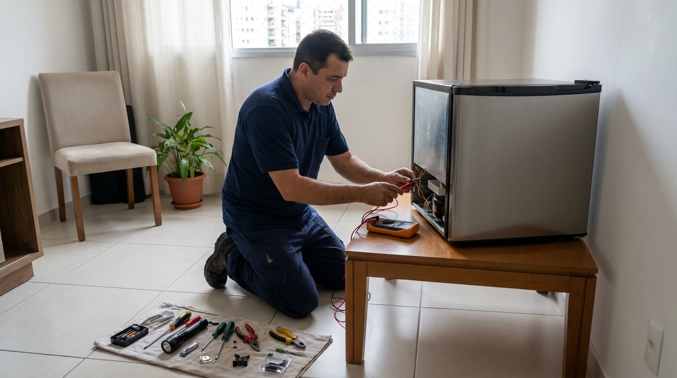 Técnico avaliando um frigobar compacto durante atendimento em Uberaba‑MG